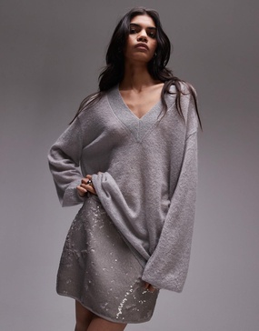 Topshop premium knitted fine gauge mohair v neck relaxed sweater in light gray