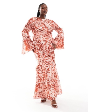 ASOS DESIGN Curve long sleeve ruffle maxi in satin and chiffon mix in red animal print