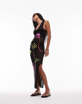 Topshop knit embroidered dress in black
