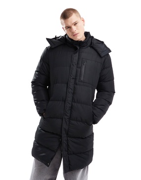 Brave Soul longline puffer jacket with detachable hood in black