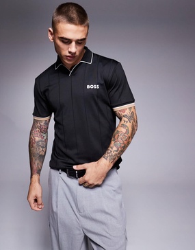 BOSS Green Palle 2 open collar jersey polo slim fit in black
