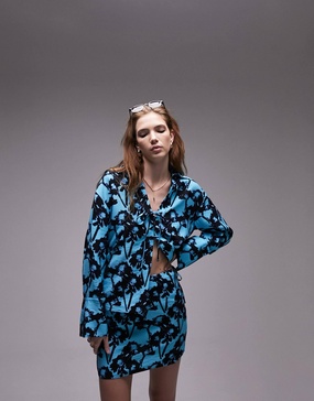 Topshop long sleeve tie up printed top in turquoise - part of a set