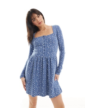 ASOS DESIGN square neck long sleeve skater hem mini dress skirt in polka dot print