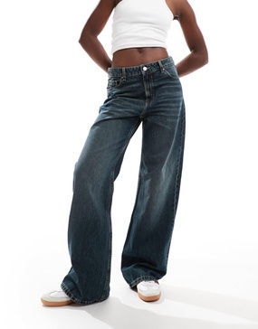 Bershka baggy wide leg jeans in dark wash blue