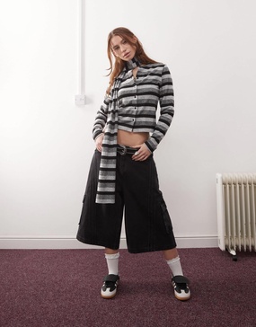COLLUSION fitted cardigan in fluffy monochrome stripe with scarf