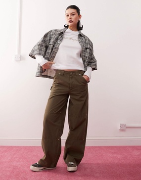 COLLUSION carpenter pants with contrast stitch in khaki