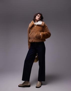 Topshop faux fur cropped bomber jacket in light brown