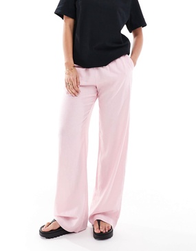 Bershka tie waist wide leg linen pants in pink