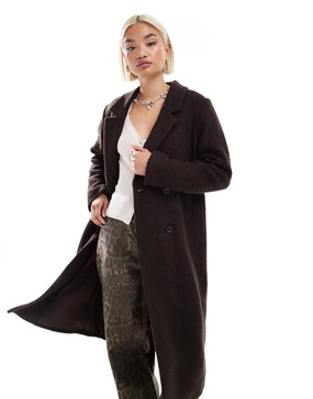 Monki tailored double breasted longline coat in brown