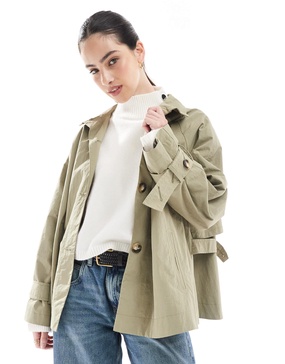 ASOS DESIGN funnel neck cape back cropped trench coat in olive