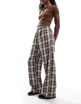 Bershka tie waist wide leg pants in brown check
