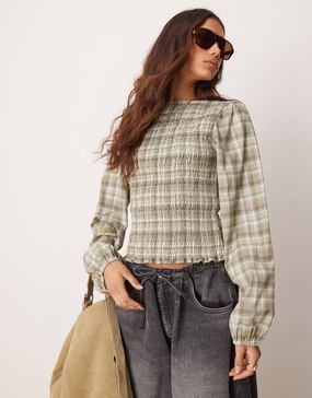 ASOS DESIGN shirred slash neck blouse in green plaid