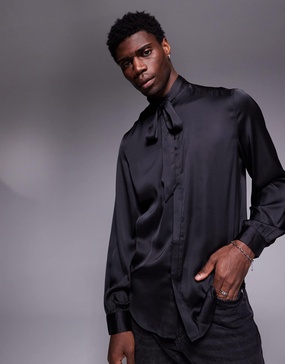 ASOS DESIGN satin regular shirt with tie neck and blouson volume sleeve