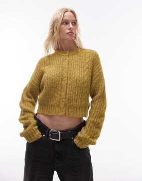 Topshop knit cropped fluffy cable cardigan in green