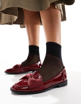 ASOS DESIGN Mentor bow loafer flat shoes in burgundy patent