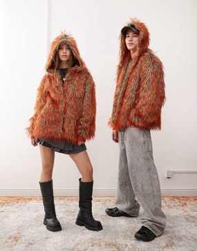 COLLUSION unisex overhead fur coat in orange