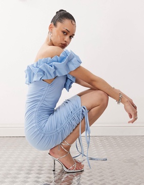 Amy Lynn 3D bardot ruched mini dress in blue