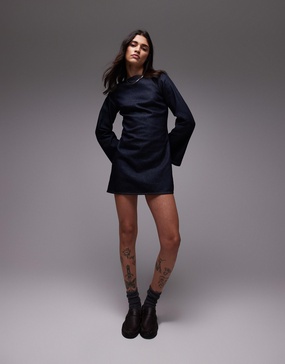 Topshop denim long sleeve shift dress in raw look indigo