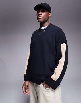 ASOS DESIGN super oversized crew neck sweater with arm stripe detailing in navy