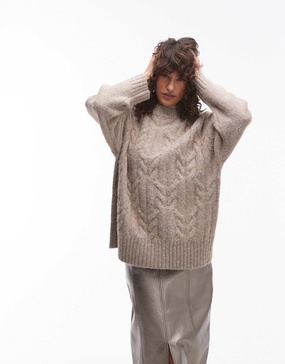 Topshop knit fluffy oversized cable sweater in oat