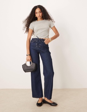 ASOS DESIGN straight leg jeans with lace-up front in indigo rinse