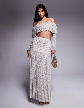 AFRM sheer pleated maxi skirt with drop waist in cream - part of a set