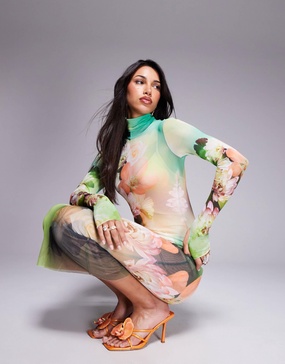 AFRM long sleeve turtleneck midi dress in green floral