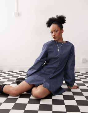 Reclaimed Vintage mini dress with balloon sleeves in blue denim look