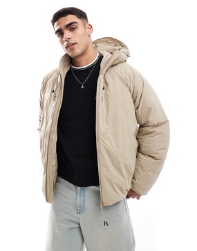 Jack & Jones hooded puffer jacket with tech details in beige
