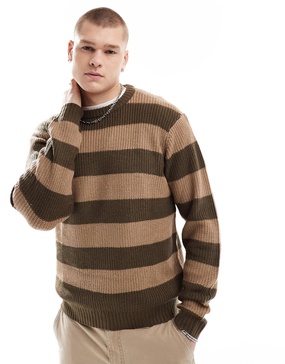 Another Influence chunky striped round neck sweater in brown