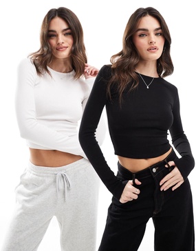 Bershka long sleeve baby tee two pack in black and white