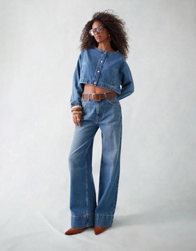 ASOS DESIGN collarless denim jacket in mid blue - part of a set