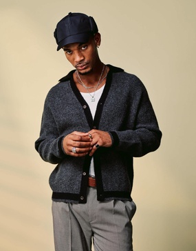 ASOS DESIGN relaxed knit button up cardigan in charcoal with contrast seams