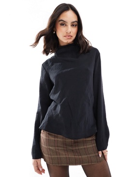 ASOS DESIGN soft touch cowl neck tie waist top in black