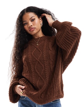Brave Soul Petite oversized cable knit sweater in brown