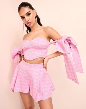 ASOS LUXE jacquard bandeau corset top with bow tie sleeves in pink print - part of a set