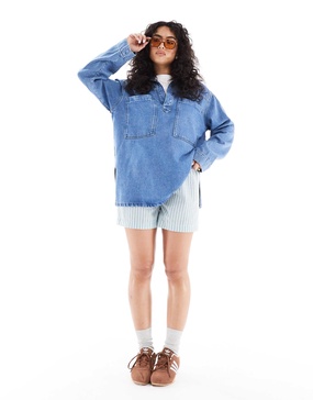ASOS DESIGN denim rugby top in light wash blue