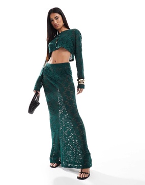 Aria Cove exclusive lace column maxi skirt in emerald green - part of a set