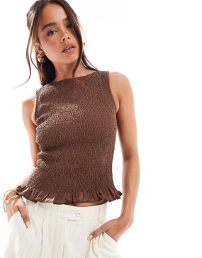 ASOS DESIGN poplin shirred neck tank top in brown