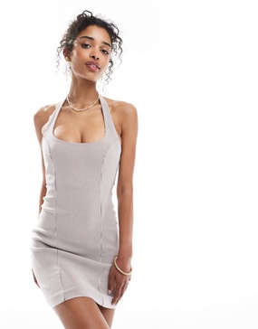 Bershka halterneck bengaline mini dress in brown stripe