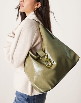 ASOS DESIGN statement buckle slouch tote bag in light khaki