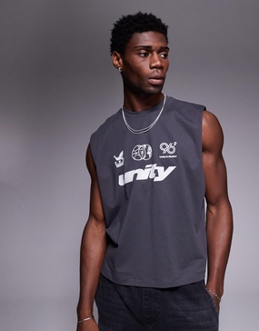 ASOS DESIGN boxy oversized tank top with front chest graphic in charcoal