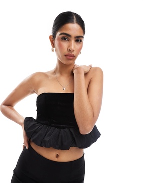 Bershka velvet puffball top in black