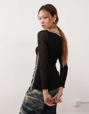COLLUSION retro mesh layered long sleeve top with yellow contrast in black