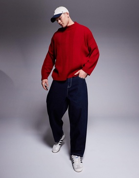ASOS DESIGN super oversized boxy fit knitted crew neck sweater with rib detail in red