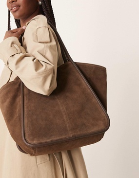 ASOS DESIGN suede winged tubular tote bag in brown
