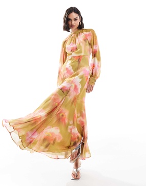 ASOS DESIGN high neck maxi dress with flare hem in green floral print