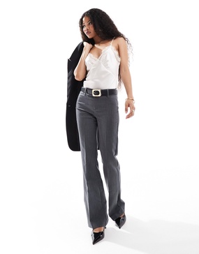 Bershka Petite flared tailored pants in dark gray