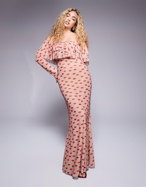 AFRM Dahlia off the shoulder maxi dress with ruffle detail in almond kiss print