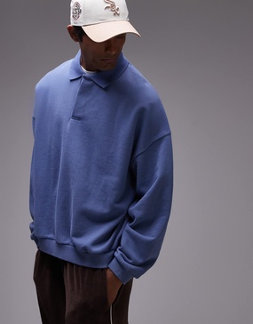 Topman oversized fit sweatshirt fabric polo shirt in washed blue